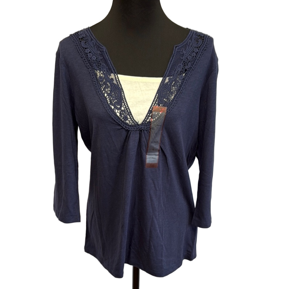 Northcrest Duets Blue Embellished 3/4 Sleeve Blouse NWT Casual Boho